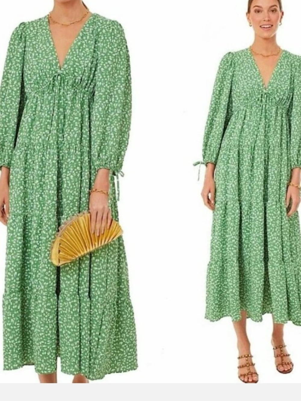 Hyacinth House Green Floral Long Sleeve Tiered Midi Dress Size XS Boho